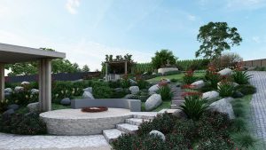 Contemporary garden landscape design with geometric paving, native planting and timber pergola in Melbourne