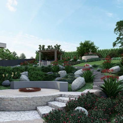 Contemporary garden landscape design with geometric paving, native planting and timber pergola in Melbourne