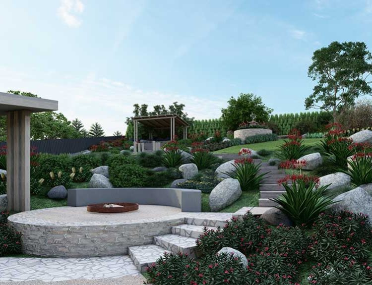 Contemporary garden landscape design with geometric paving, native planting and timber pergola in Melbourne