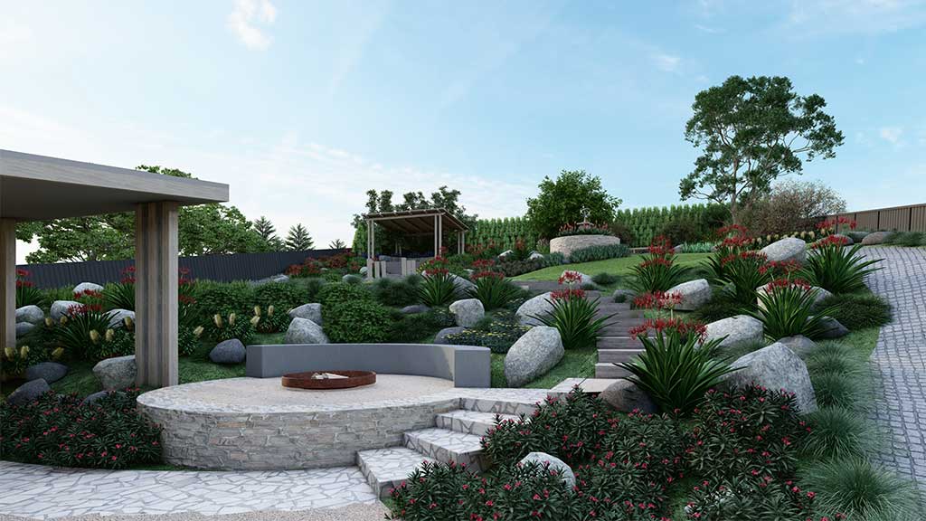 Contemporary garden landscape design with geometric paving, native planting and timber pergola in Melbourne